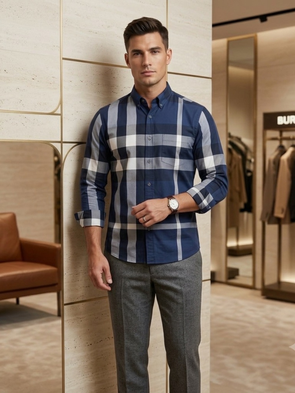Burberry Brit Men’s Blue Gray Plaid Check Cotton Long Sleeve Button Up Shirt XL